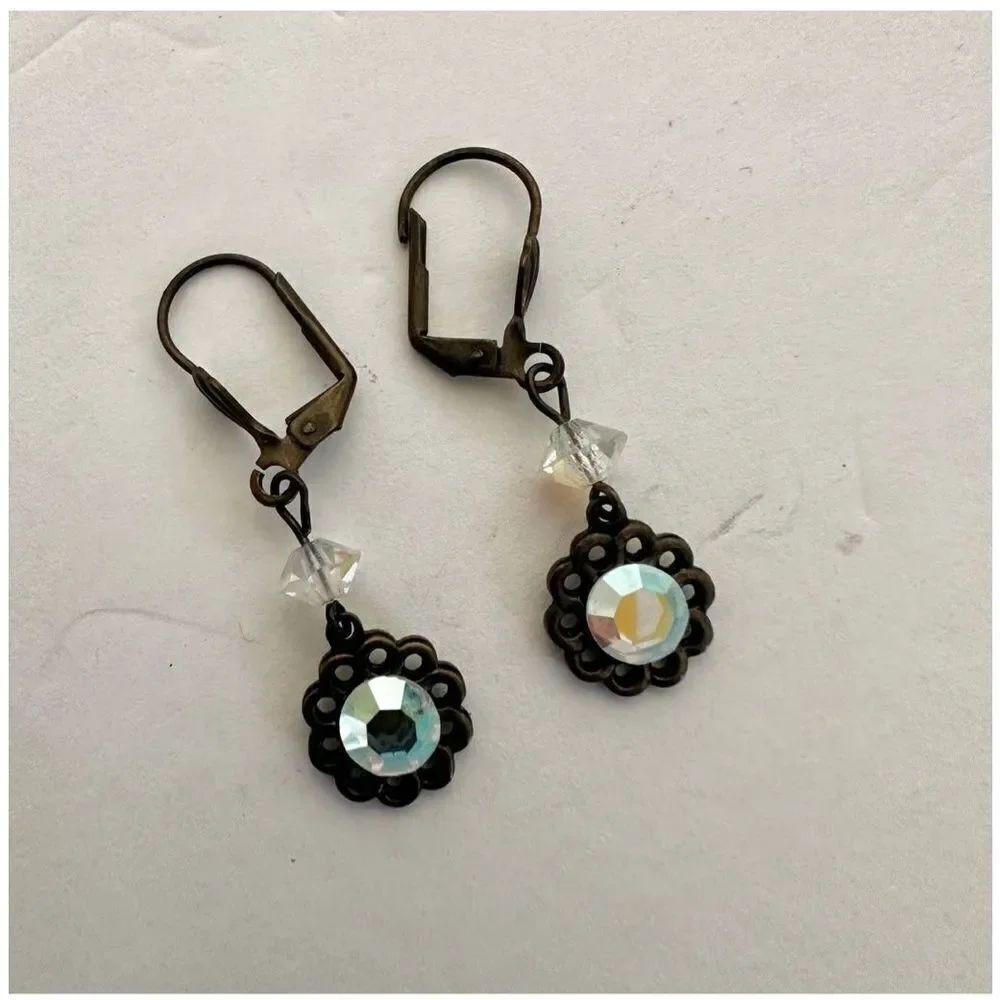 Copper tone rhinestone floral drop earrings